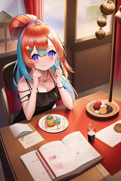 A girl sits at a table with a plate of desserts and a book that says " yummy ".