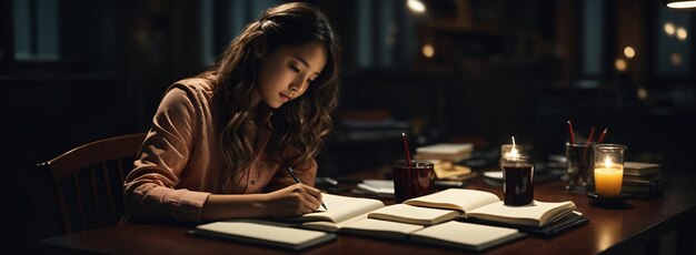 Foto una ragazza si siede a un tavolo e scrive in un quaderno