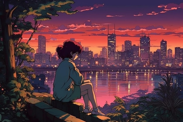 A girl sits on a wall in front of a cityscape.