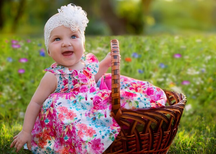 Girl sits in a wicker basket and laughs cheerfully on a flower meadow