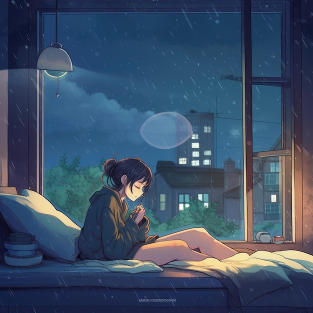 A girl sits in a window in the rain and looks at a rainy night.