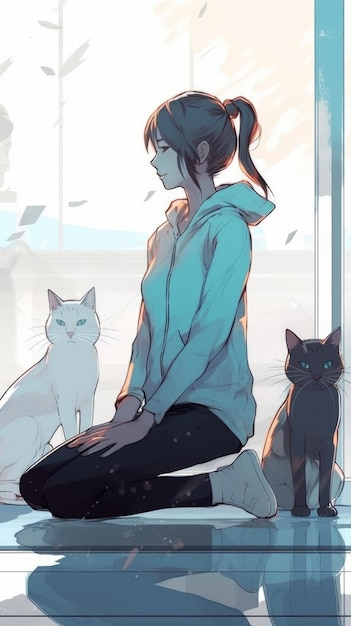 A girl sits on a window with two cats.