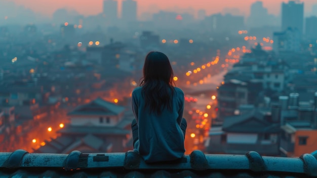 A girl sits with her back on the roof of a house
