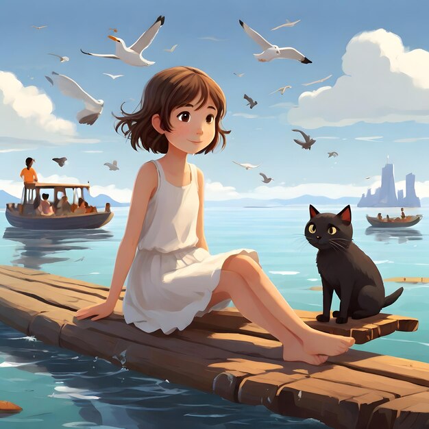 a girl sits on a wooden dock with a cat and the sea in the background