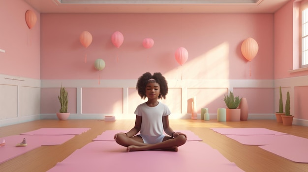 A girl sits in a yoga studio with a pink wall behind her.