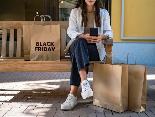 Girl sitting on a bench looking at her mobile phone shopping in a shopping mall Black friday