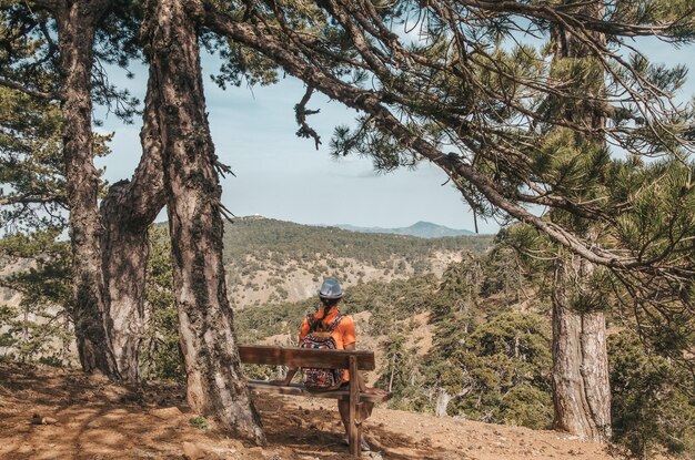 Girl sitting on the bench in Troodos mountain Cyprus