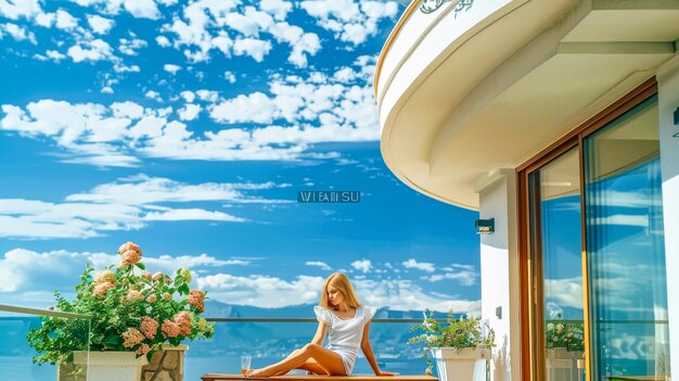 Photo girl sitting on the bench of the villa at home blue sky and white clouds modern architecture