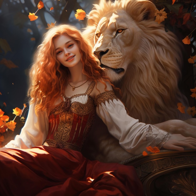 girl sitting beside a lion