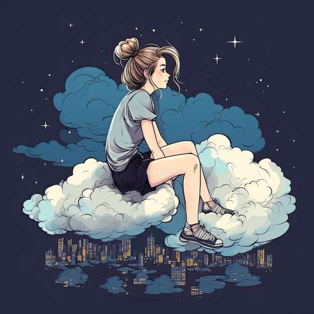 Girl sitting on a cloud in the night sky.