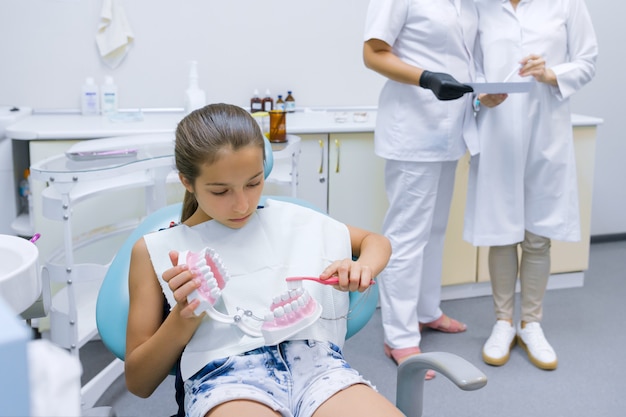 Girl sitting in dentists office studying model of dental jaw