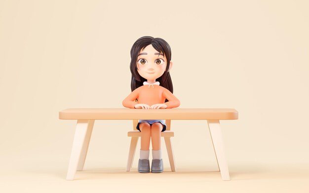 机の 3 d レンダリングに座っている女の子