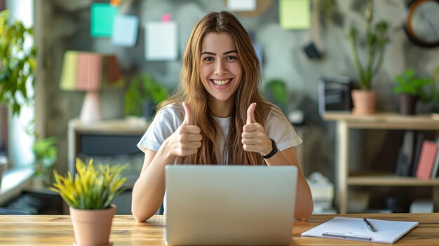 Photo girl sitting in the desk with a laptop on her lap showing thumbs up green academia