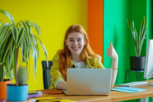 A girl sitting in the desk with a laptop