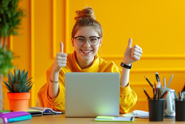 Foto una ragazza seduta alla scrivania con un computer portatile