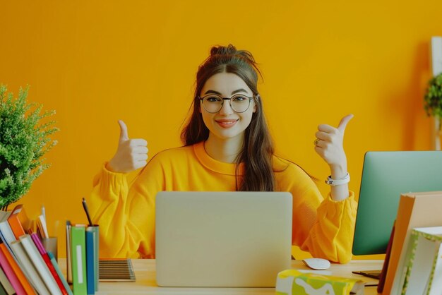 A girl sitting in the desk with a laptop