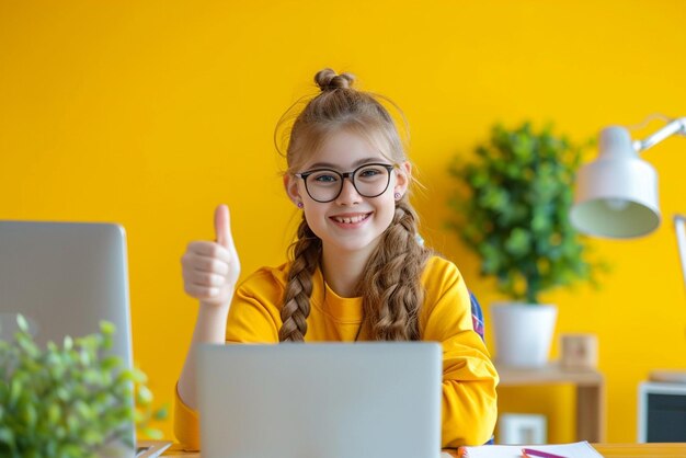 A girl sitting in the desk with a laptop