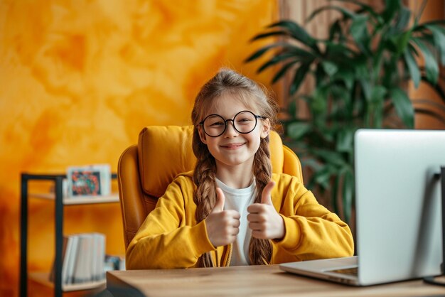 A girl sitting in the desk with a laptop