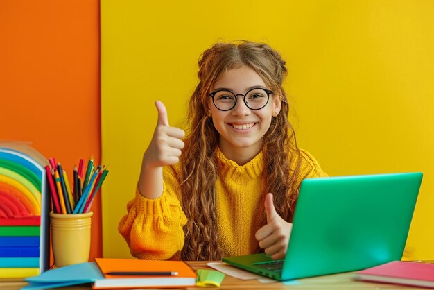 a girl sitting in the desk with a laptop