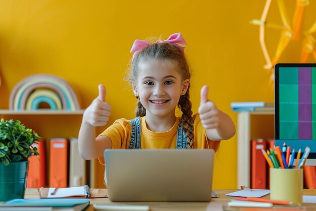 a girl sitting in the desk with a laptop