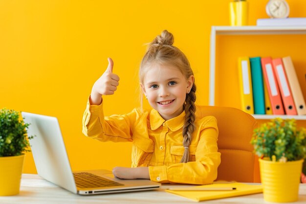 a girl sitting in the desk with a laptop