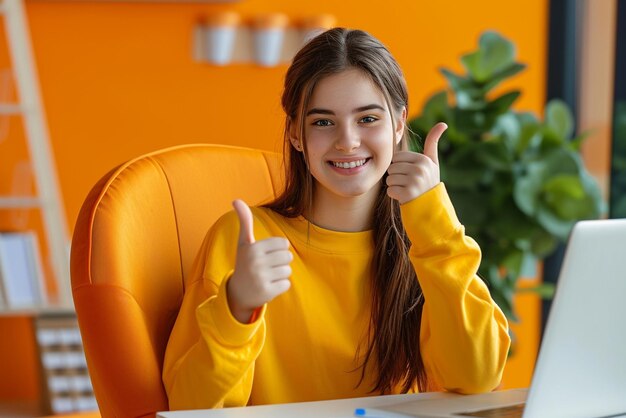 A girl sitting in the desk with a laptop