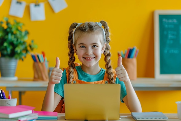 a girl sitting in the desk with a laptop