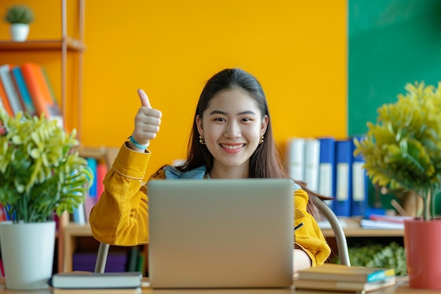 A girl sitting in the desk with a laptop