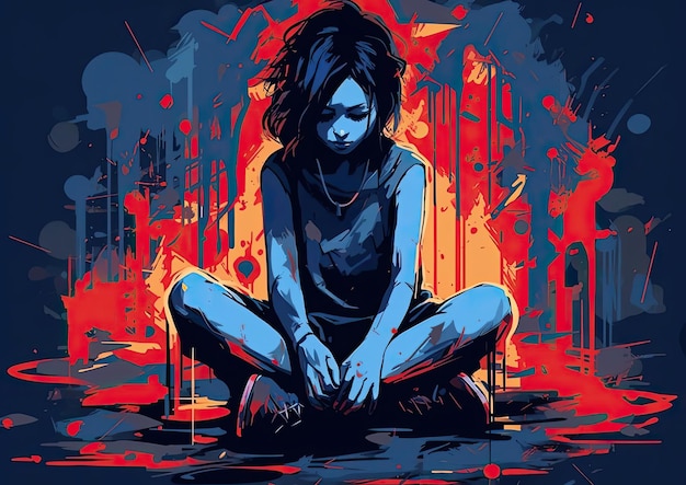 a girl sitting down and crying icon of love illustration design in the style of skyblue and navy