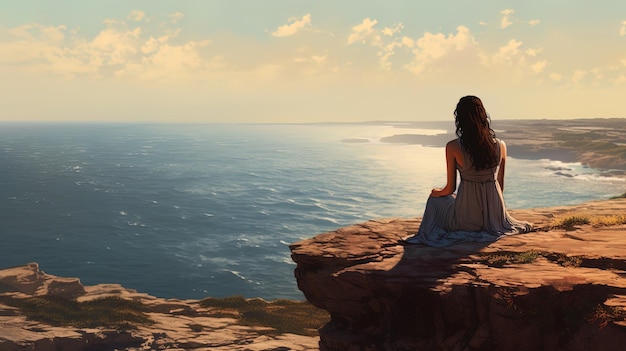 Девушка сидит на краю скалы и любуется видом на море.