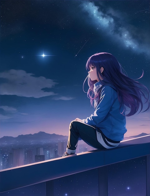 Девушка сидит на краю и смотрит на звезды.