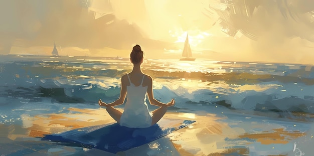 girl sitting facing the sea in lotus position