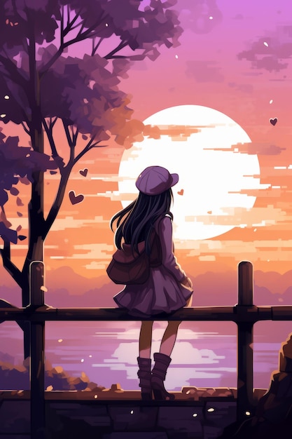 a girl sitting on a fence looking at the sunset