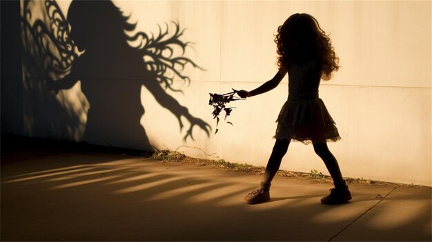 Photo girl sitting on the floor and looking at the shadow of a monster