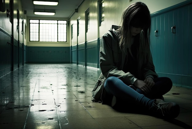 a girl sitting at the floor on a school hallway in the style of aestheticized violence