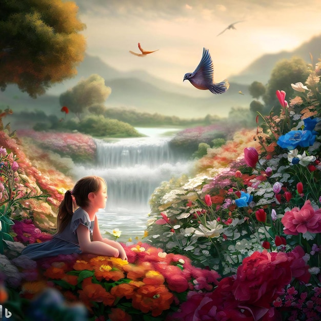 A girl sitting in a garden of flowers with a bird flying above