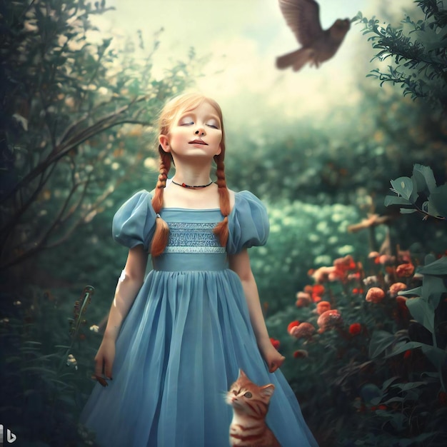 Девушка сидит в саду с цветами и птицей, летящей над ней.