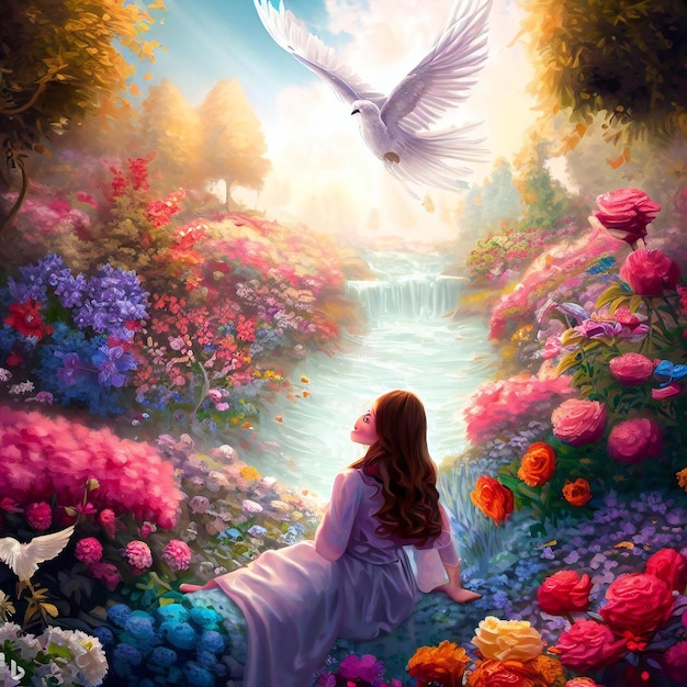 Девушка сидит в саду с цветами и птицей, летящей над ней.