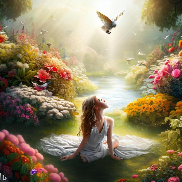 A girl sitting in a garden of flowers with a bird flying above