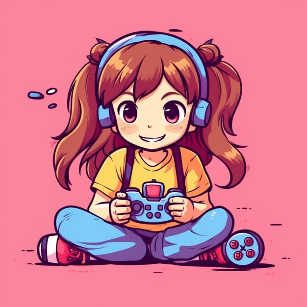 ヘッドホンをかけ ⁇ ビデオゲームをしている女の子が地面に座っています ⁇ 