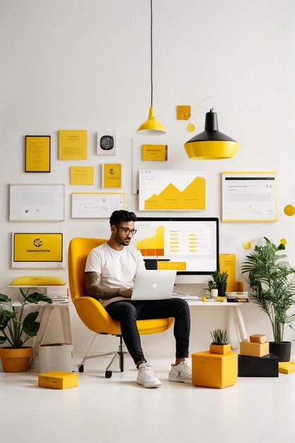 Girl sitting at her desk in posters mockup interior with study space and modern yellow chair