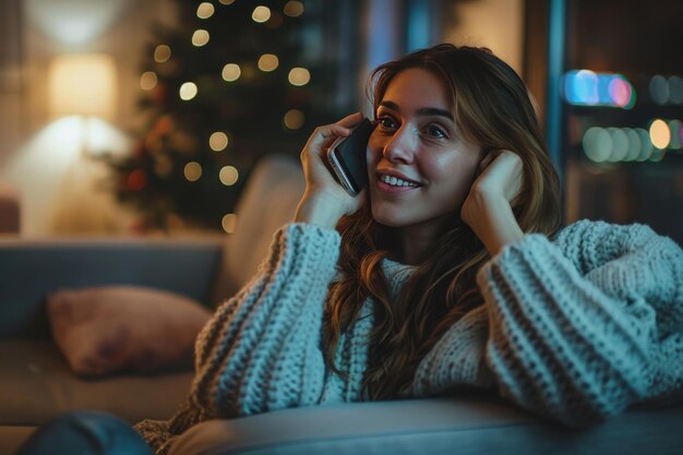 girl sitting at home looking at a smartphone