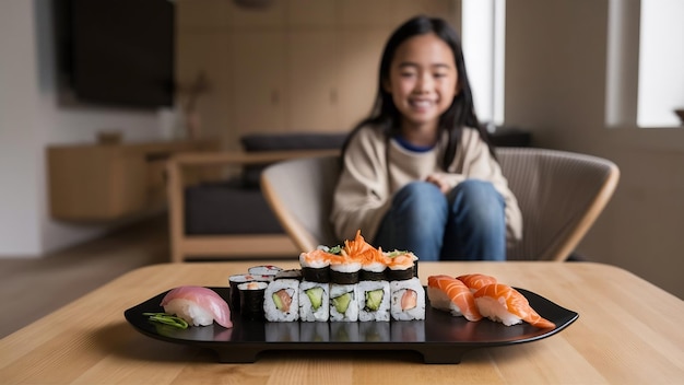 Foto ragazza seduta a casa al tavolo con un sushi
