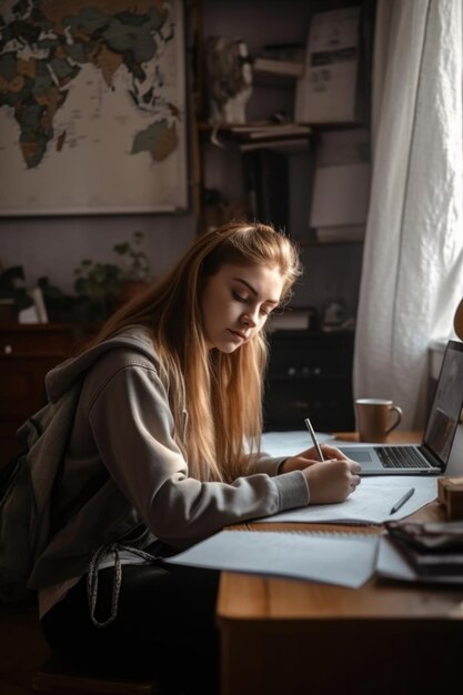 生成 AI で作成された学校の勉強とラップトップを持って家に座っている女の子