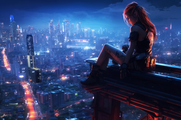 Girl sitting on a ledge looking at a cityscape