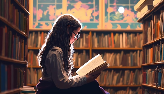 Girl sitting on a library reading a book generative ai