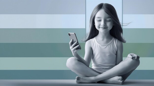 Girl sitting in lotos pose using smatphone