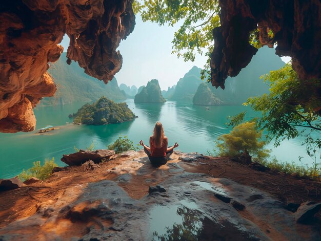 Photo girl sitting in lotus pose doing yoga in the mountains generative ai