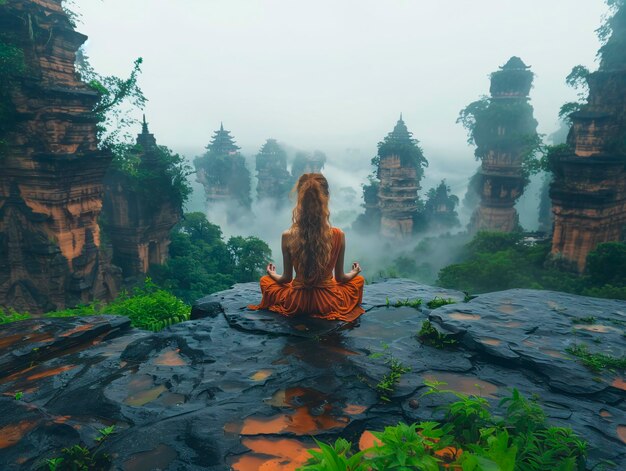 Photo girl sitting in lotus pose doing yoga in the mountains generative ai