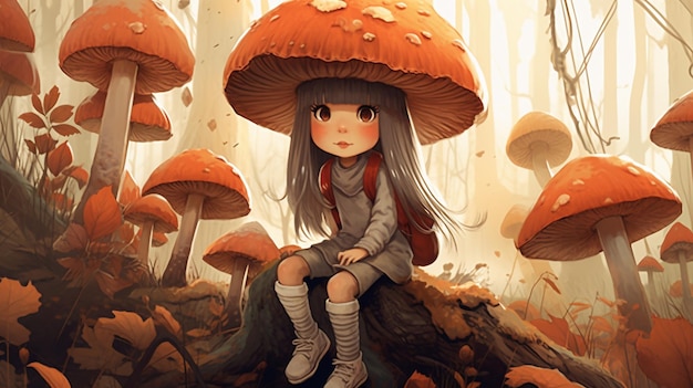 A girl sitting on a mushroom in the forest